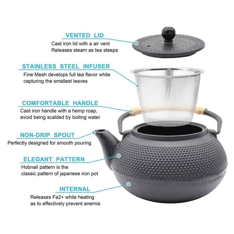 Hwagui - Large Cast Iron Teapot With Infuser For Varieties Of Loose Leaf Tea, Tea Bags, Black Tea Kettle Stovetop Safe 1200ml/41oz - Image 3